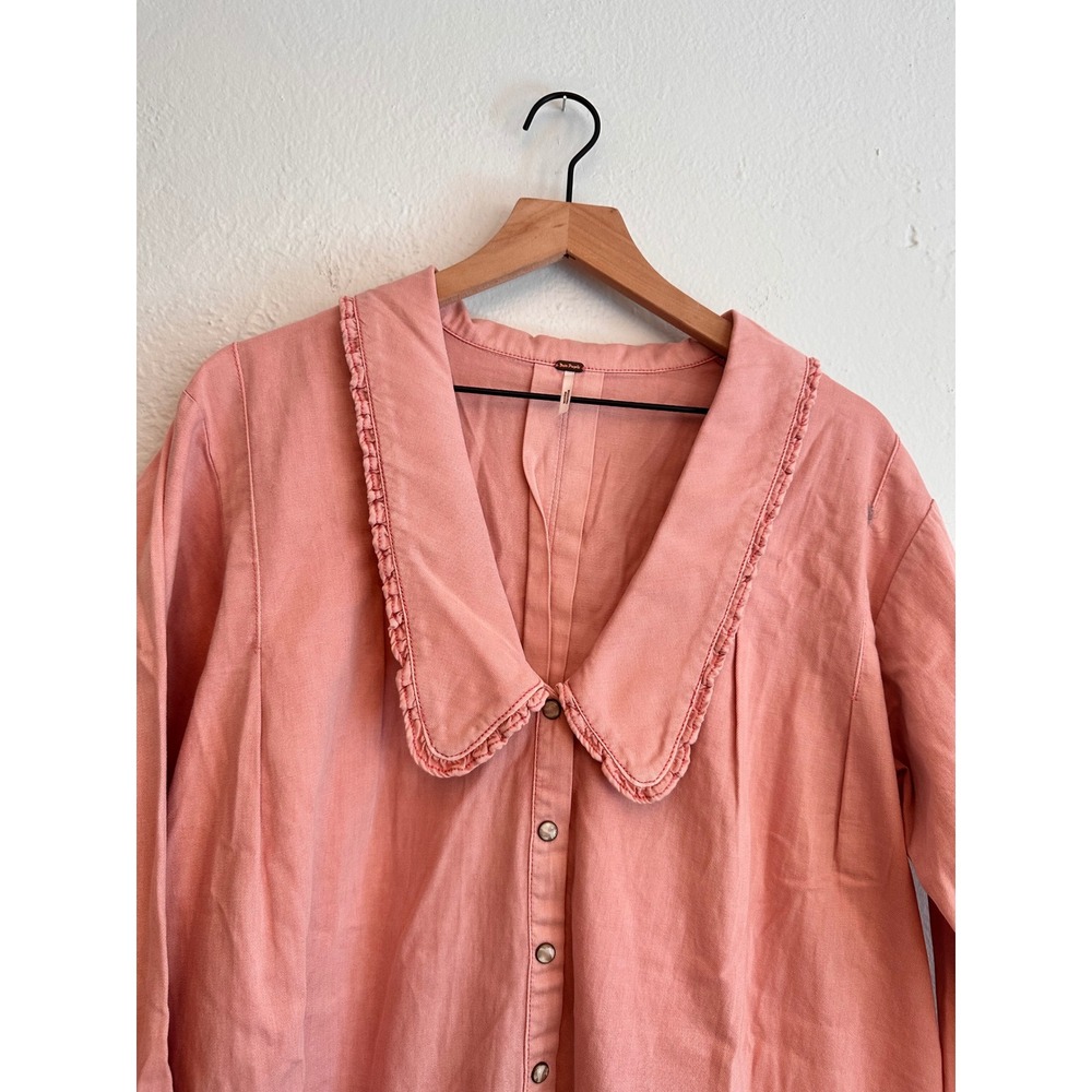 Free People Charlie Denim Shirt Pink Ruffle Peter Pan Collar Snap Front Small - Picture 5 of 6